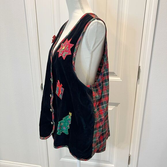 Vintage Victoria Jones Woman Christmas Vest Red Plaid Size 18 W Black Velvet - Picture 4 of 13